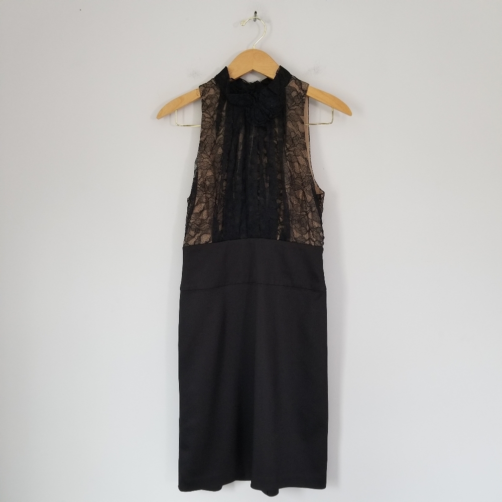 Bcbgmaxazria Lace Trim Mock Neck Sleeveless Knee Length Sheath Dress Sz 4 Black